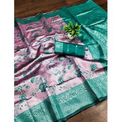 Mayawye Women's Banarasi Jacquard Printed Saree With Unstitched Blouse 5.5Mtr (Pink)