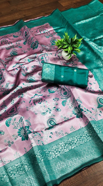 Mayawye Women's Banarasi Jacquard Printed Saree With Unstitched Blouse 5.5Mtr (Pink)