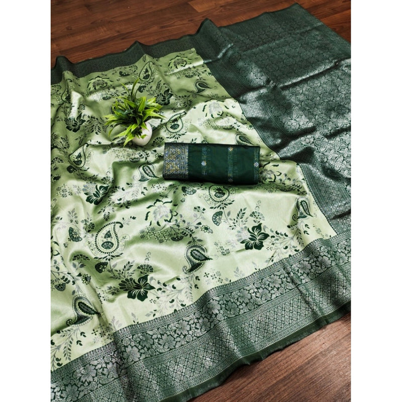 Mayawye Women's Banarasi Jacquard Printed Saree With Unstitched Blouse 5.5Mtr (Green)