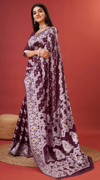 Mayawye Women's Cotton Silk Printed Saree With Unstitched Blouse 5.5Mtr (Purple)