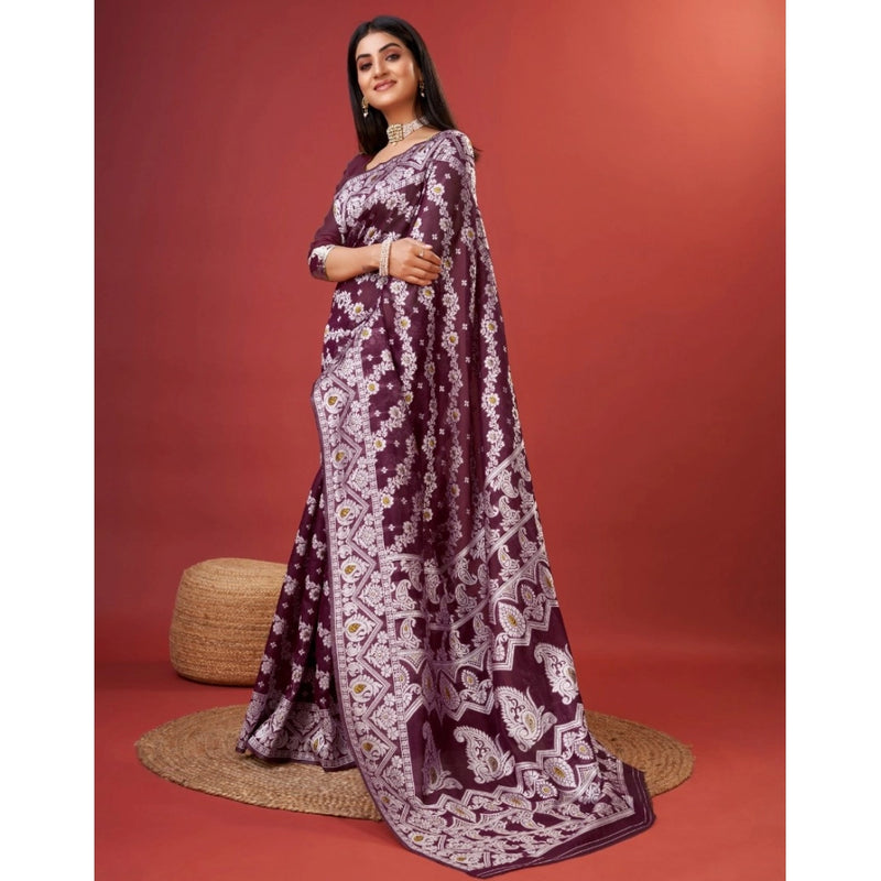 Mayawye Women's Cotton Silk Printed Saree With Unstitched Blouse 5.5Mtr (Purple)