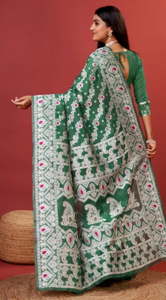 Mayawye Women's Cotton Silk Printed Saree With Unstitched Blouse 5.5Mtr (Green)