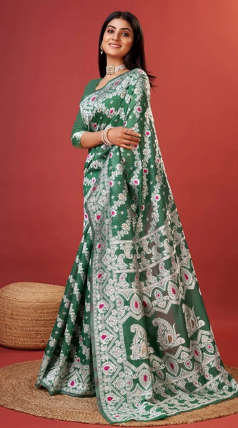 Mayawye Women's Cotton Silk Printed Saree With Unstitched Blouse 5.5Mtr (Green)