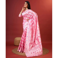 Mayawye Women's Cotton Silk Printed Saree With Unstitched Blouse 5.5Mtr (Pink)