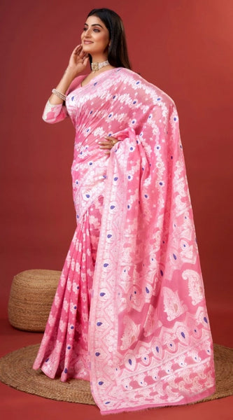Mayawye Women's Cotton Silk Printed Saree With Unstitched Blouse 5.5Mtr (Pink)