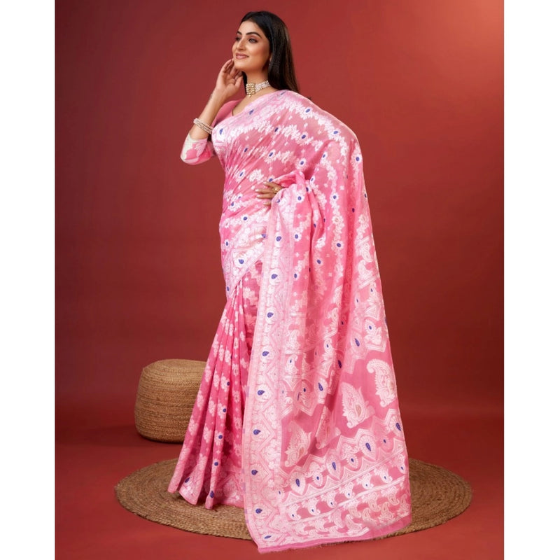 Mayawye Women's Cotton Silk Printed Saree With Unstitched Blouse 5.5Mtr (Pink)