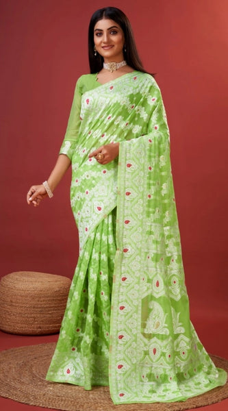 Mayawye Women's Cotton Silk Printed Saree With Unstitched Blouse 5.5Mtr (Light Green)