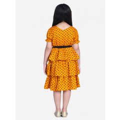 Mayawye Girl's Polyester Crepe Printed Puff V-Neck Dress (Orange)