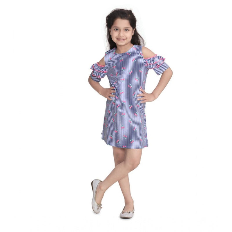 Mayawye Girl's Cotton Striped Cold Shoulder Round Neck Dress (Blue)