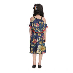 Mayawye Girl's Satin Floral Printed Cold Shoulder Round Neck Dress (Navy Blue)