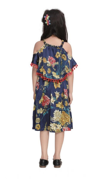 Mayawye Girl's Satin Floral Printed Cold Shoulder Round Neck Dress (Navy Blue)