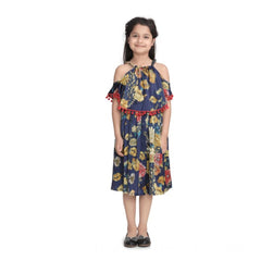 Mayawye Girl's Satin Floral Printed Cold Shoulder Round Neck Dress (Navy Blue)