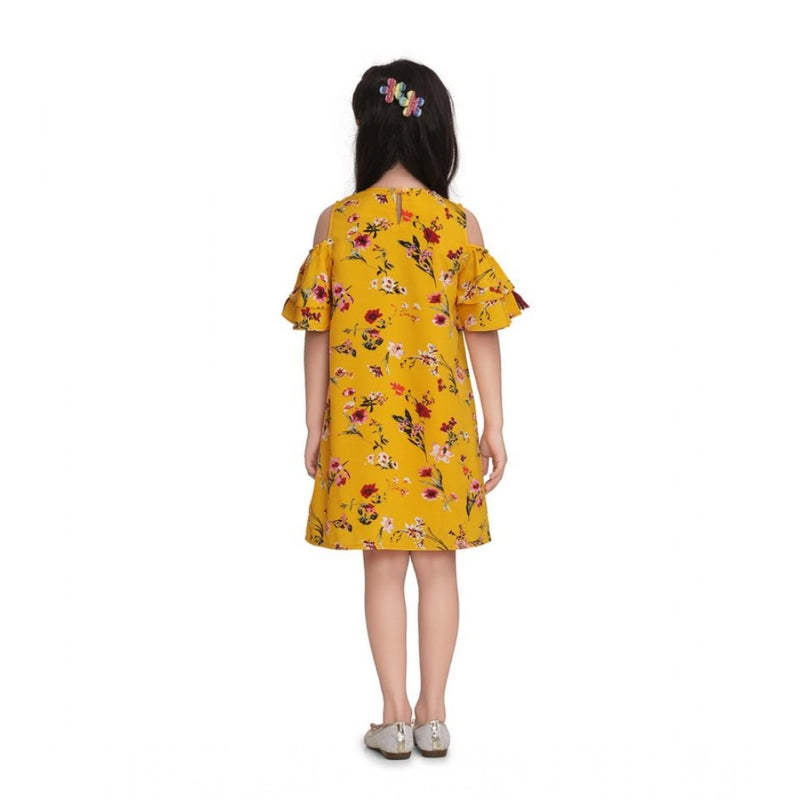 Mayawye Girl's Polyester Crepe Floral Printed Long Sleeve Round Neck Dress (Yellow)