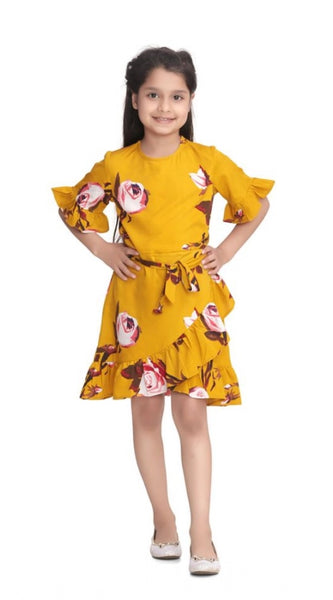 Mayawye Girl's Polyester Crepe Floral Printed Cold Shoulder Round Neck Dress (Mustard)