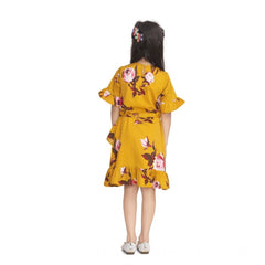 Mayawye Girl's Polyester Crepe Floral Printed Cold Shoulder Round Neck Dress (Mustard)