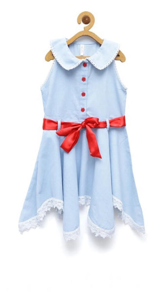 Mayawye Girl's Denim Lace Solid Sleeveless Shirt collar Dress (Light Blue)