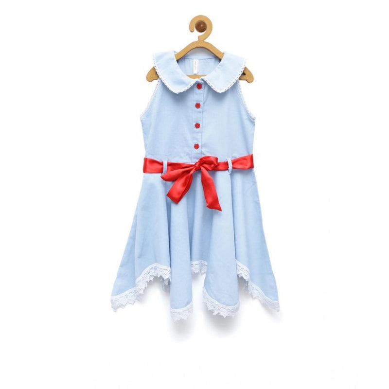 Mayawye Girl's Denim Lace Solid Sleeveless Shirt collar Dress (Light Blue)