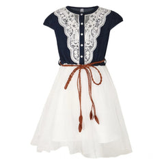 Mayawye Girl's Denim Embroidery Short Sleeve Round Neck Dress (White)