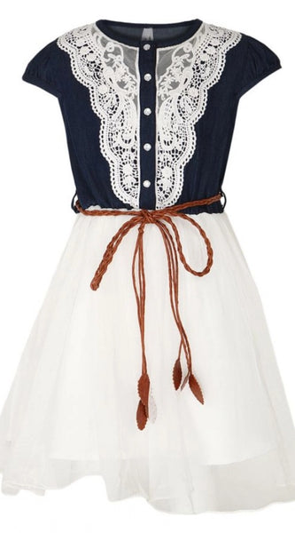 Mayawye Girl's Denim Embroidery Short Sleeve Round Neck Dress (White)