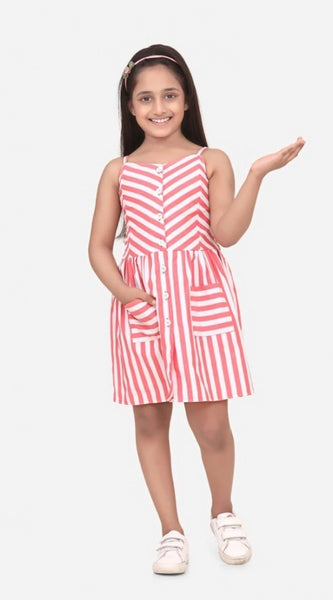 Mayawye Girl's Polyester Cotton Blend Striped Sleeveless Round Neck Dress (Pink)