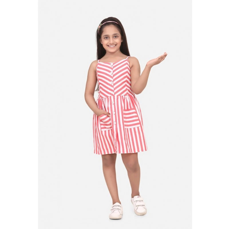 Mayawye Girl's Polyester Cotton Blend Striped Sleeveless Round Neck Dress (Pink)