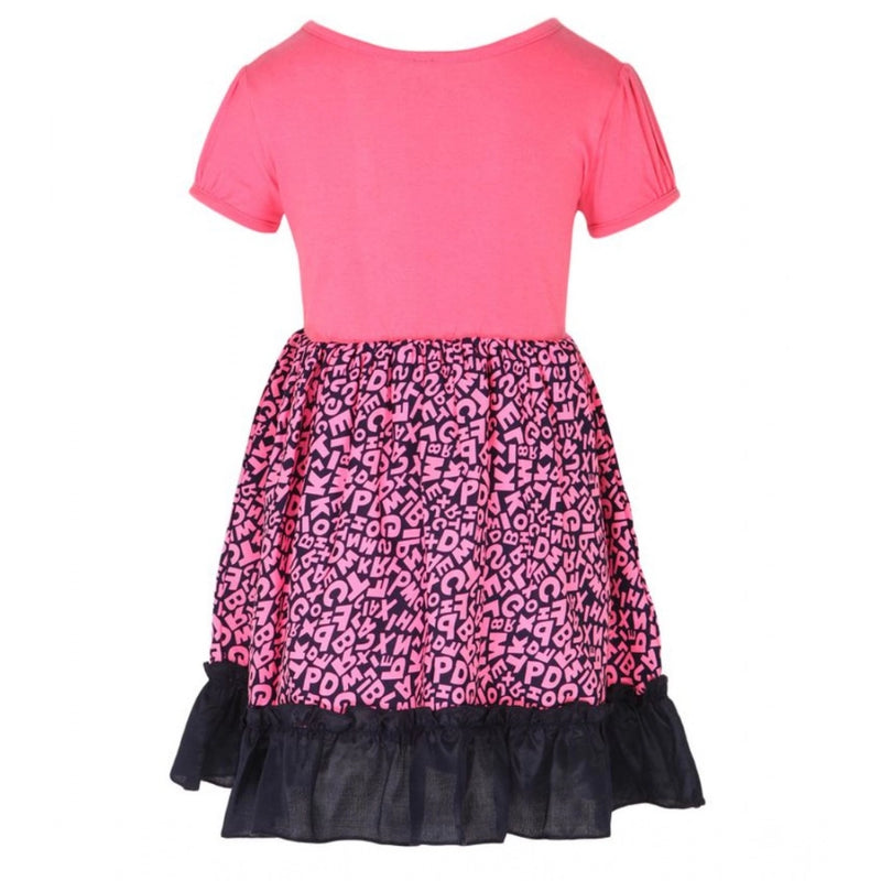 Mayawye Girl's Polyester Crepe Embellished Short Sleeve Round Neck Dress (Pink)