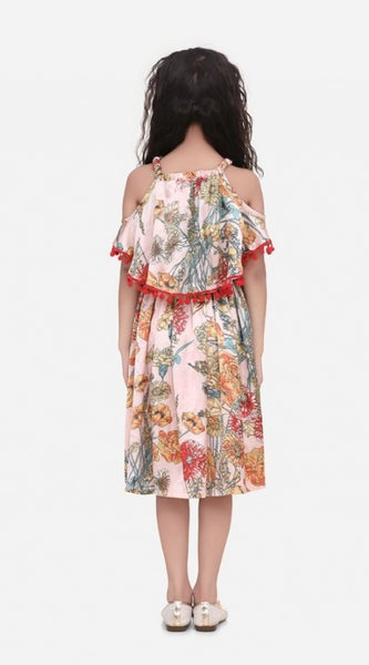 Mayawye Girl's Satin Floral Printed Cold Shoulder Round Neck Dress (Peach)