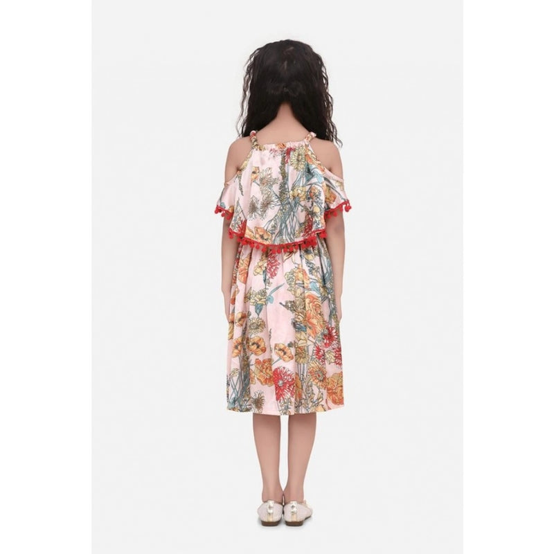 Mayawye Girl's Satin Floral Printed Cold Shoulder Round Neck Dress (Peach)