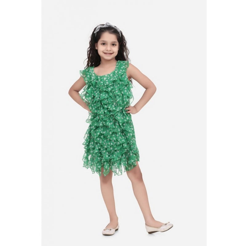 Mayawye Girl's Chiffon Ruffled Sleeveless Round Neck Dress (Green)
