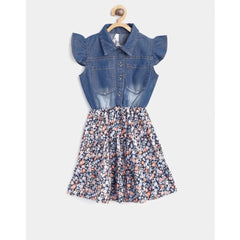 Mayawye Girl's Denim-Cotton Striped Flutter Shirt Collar Dress (Multicolor)