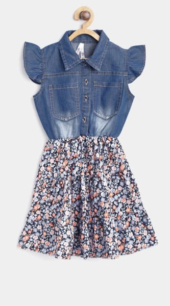 Mayawye Girl's Denim-Cotton Striped Flutter Shirt Collar Dress (Multicolor)