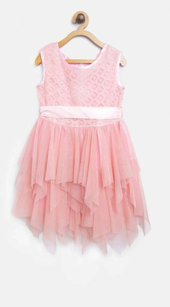 Mayawye Girl's Polyester  Net Embroidered Sleeveless Round Neck Dress (Peach)