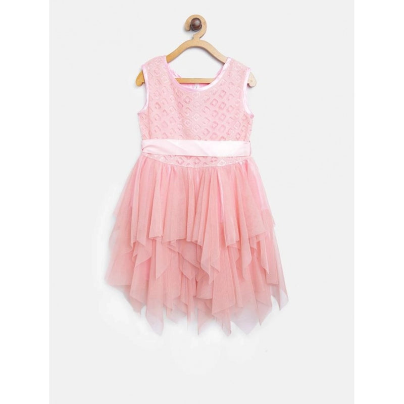 Mayawye Girl's Polyester  Net Embroidered Sleeveless Round Neck Dress (Peach)