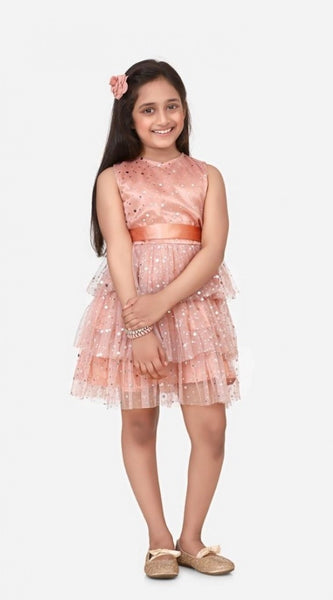 Mayawye Girl's Net Embellished Sleeveless Round Neck Dress (Beige)