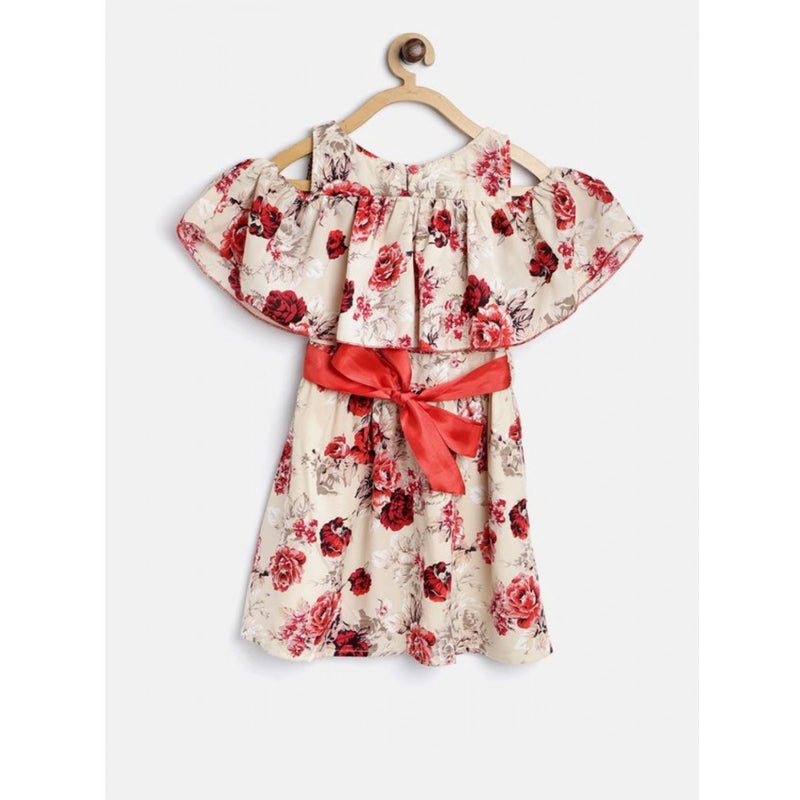 Mayawye Girl's Polyester Crepe Printed Short Sleeve Cold Shoulder Neck Dress (Cream-Red)