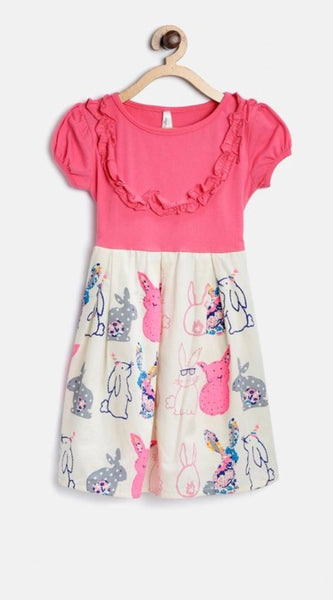 Mayawye Girl's Cotton Printed Short Sleeve Round Neck Dress (Pink-White)