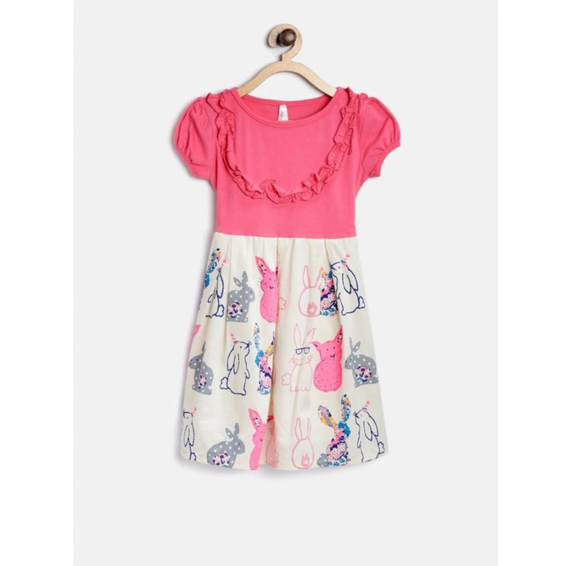 Mayawye Girl's Cotton Printed Short Sleeve Round Neck Dress (Pink-White)