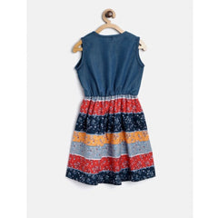 Mayawye Girl's Denim-Cotton Floral Printed Sleeveless Round Neck Dress (Multicolor)