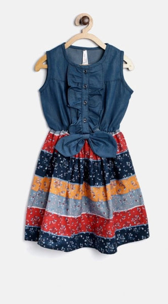 Mayawye Girl's Denim-Cotton Floral Printed Sleeveless Round Neck Dress (Multicolor)