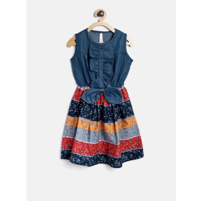 Mayawye Girl's Denim-Cotton Floral Printed Sleeveless Round Neck Dress (Multicolor)
