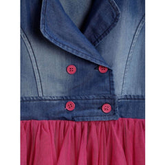 Mayawye Girl's Polyester Crepe-Net Solid Shoulder Straps Shirt collar Dress (Blue-Pink)
