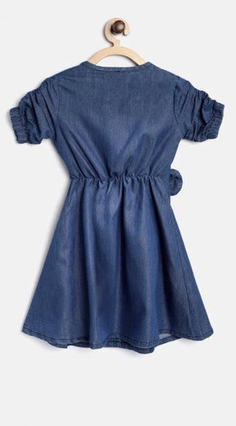 Mayawye Girl's Denim Striped Sleeveless Round Neck Dress (Blue)