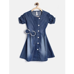 Mayawye Girl's Denim Striped Sleeveless Round Neck Dress (Blue)