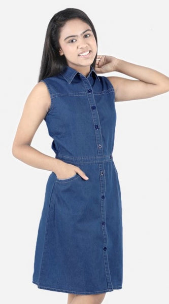 Mayawye Girl's Denim Solid Sleeveless Shirt collar Dress (Blue)