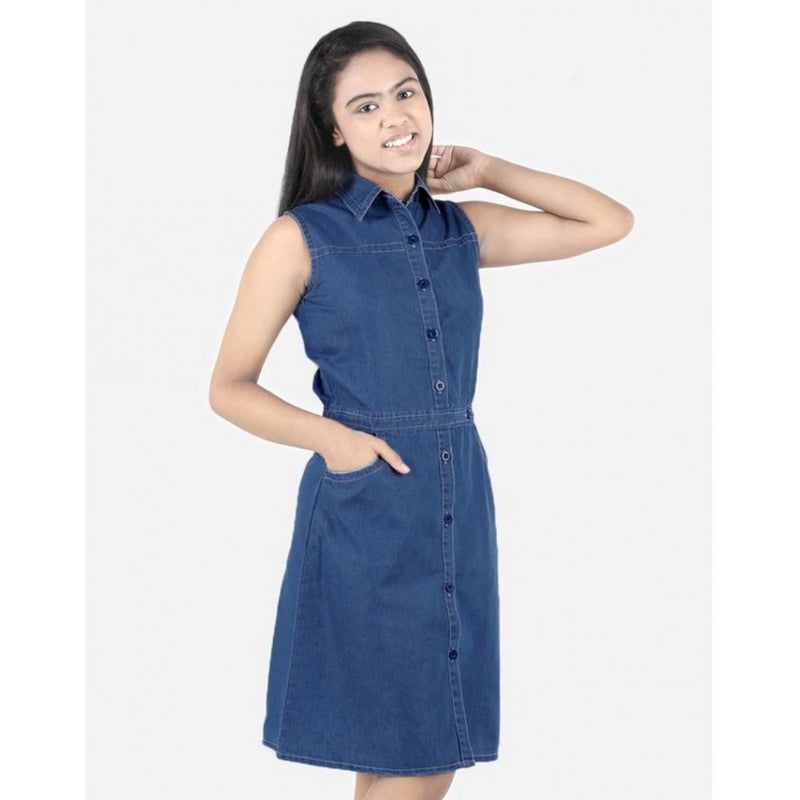 Mayawye Girl's Denim Solid Sleeveless Shirt collar Dress (Blue)