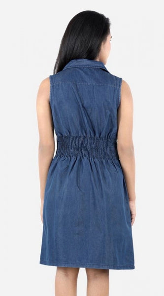 Mayawye Girl's Denim Solid Sleeveless Shirt collar Dress (Blue)