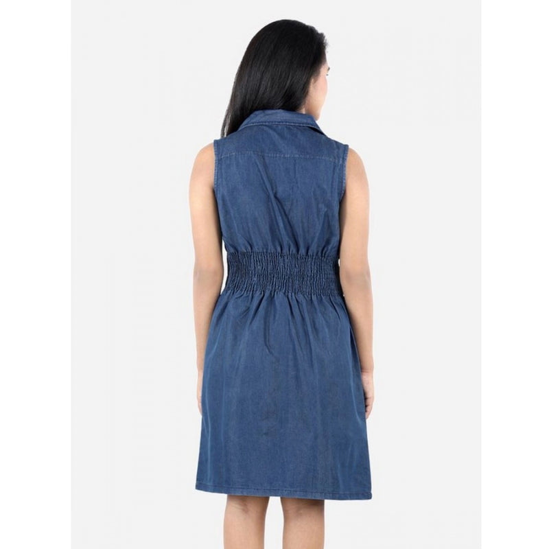 Mayawye Girl's Denim Solid Sleeveless Shirt collar Dress (Blue)