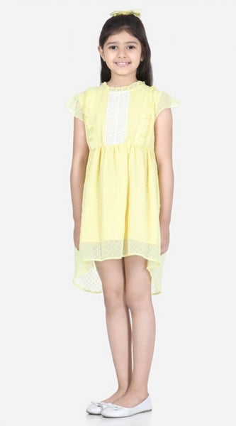 Mayawye Girl's Polyester Solid Short Sleeve Round Neck Dress (Lemon Yellow)