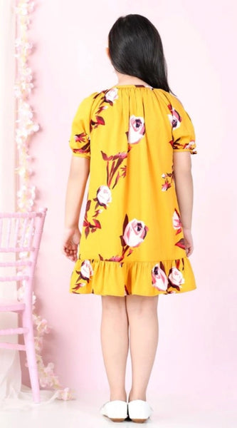 Mayawye Girl's Polyester Crepe Floral Printed Slit Sleeve Round Neck Dress (Yellow-Red)