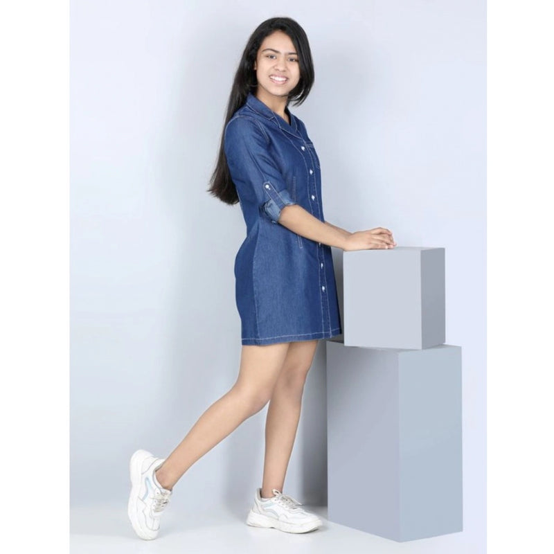 Mayawye Girl's Denim Solid Long Sleeve Shirt collar Dress (Blue)